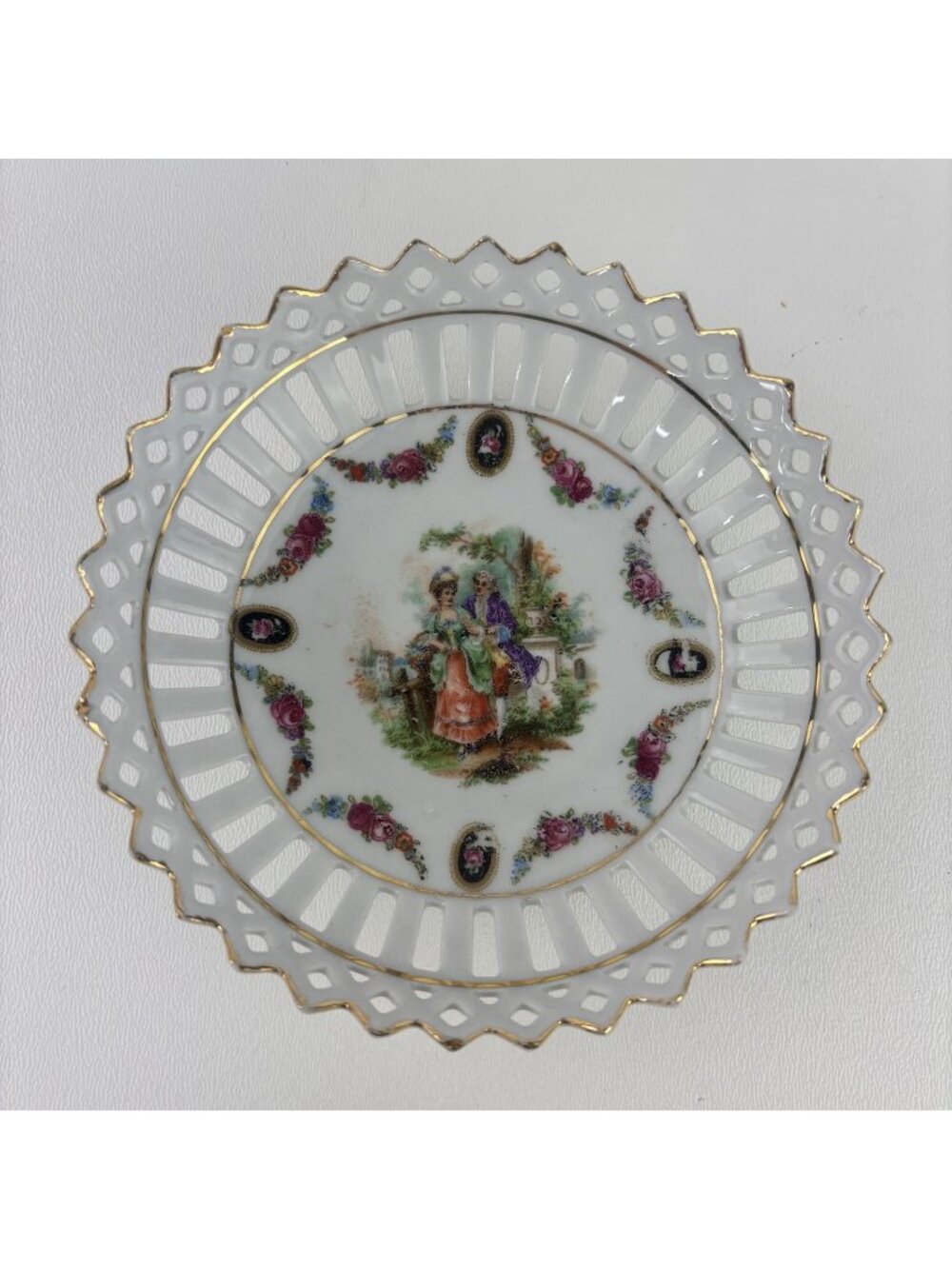 Vintage Germany Reticulated Porcelain Decorative Bowl Dish Courting Scene Gold